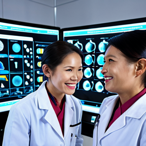 Home 4 **Medicine & Health:** "Quantum algorithm revolutionizing medicine: A futuristic laboratory with scientists using holographic displays to simulate drug molecule interactions. Focus on vibrant colors and advanced technology, suggesting breakthroughs in disease treatment and drug development. Thai doctors and nurses smiling."