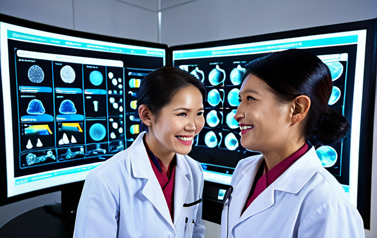 **Medicine & Health:** "Quantum algorithm revolutionizing medicine: A futuristic laboratory with scientists using holographic displays to simulate drug molecule interactions. Focus on vibrant colors and advanced technology, suggesting breakthroughs in disease treatment and drug development. Thai doctors and nurses smiling."